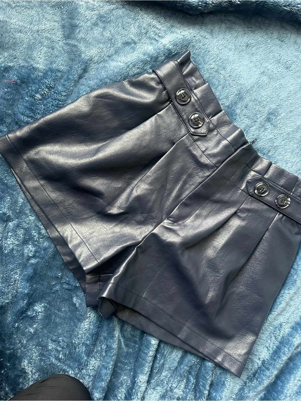 Faux Leather High-Waist Shorts in Navy Blue